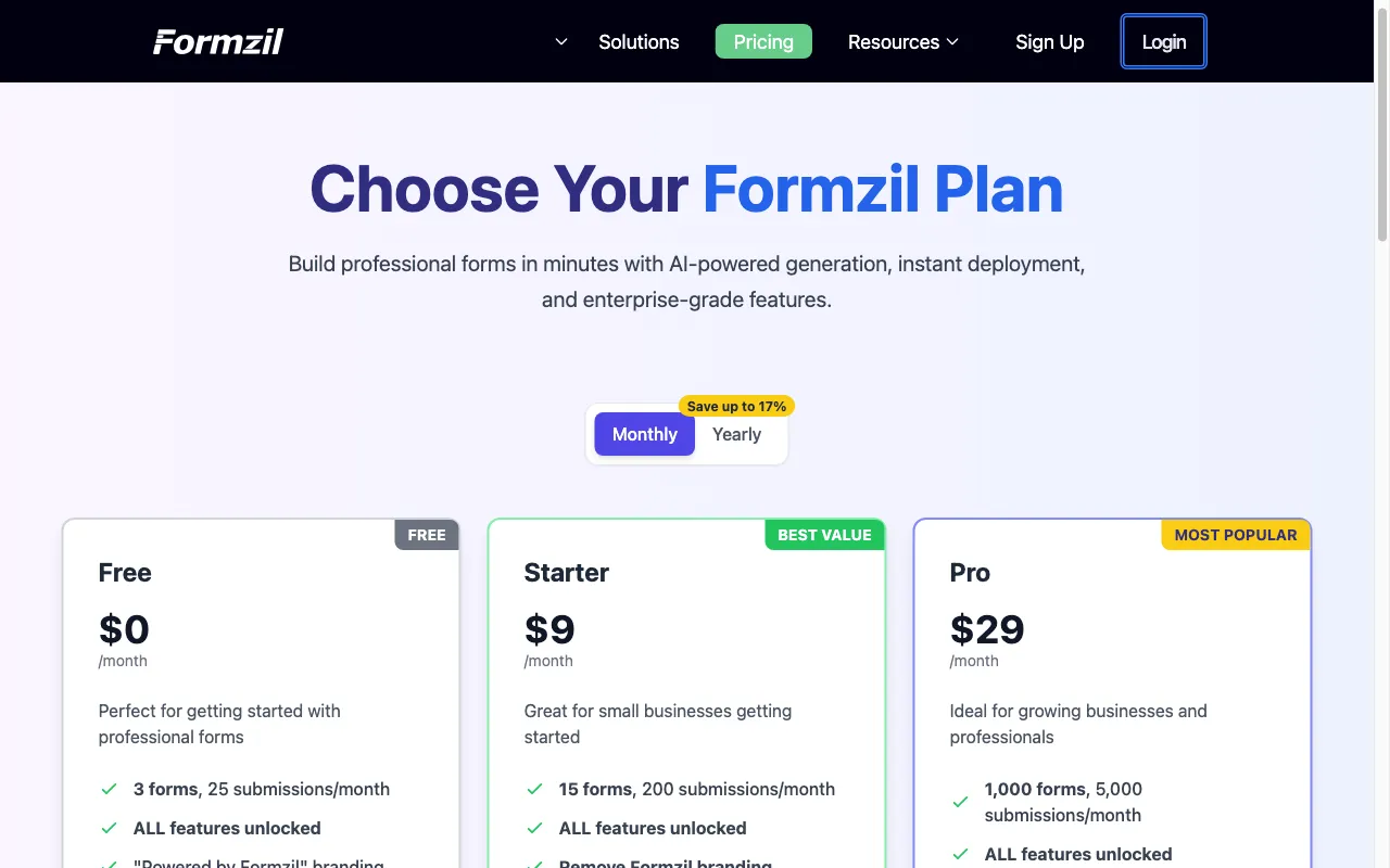Formzil — pricing page