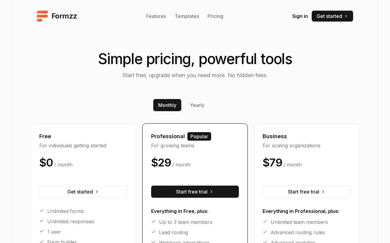 Formzz — pricing page