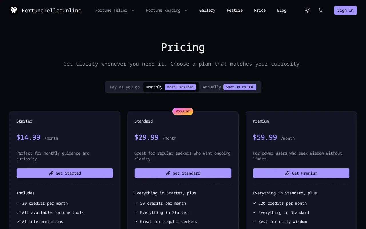 FortuneTellerOnline — pricing page