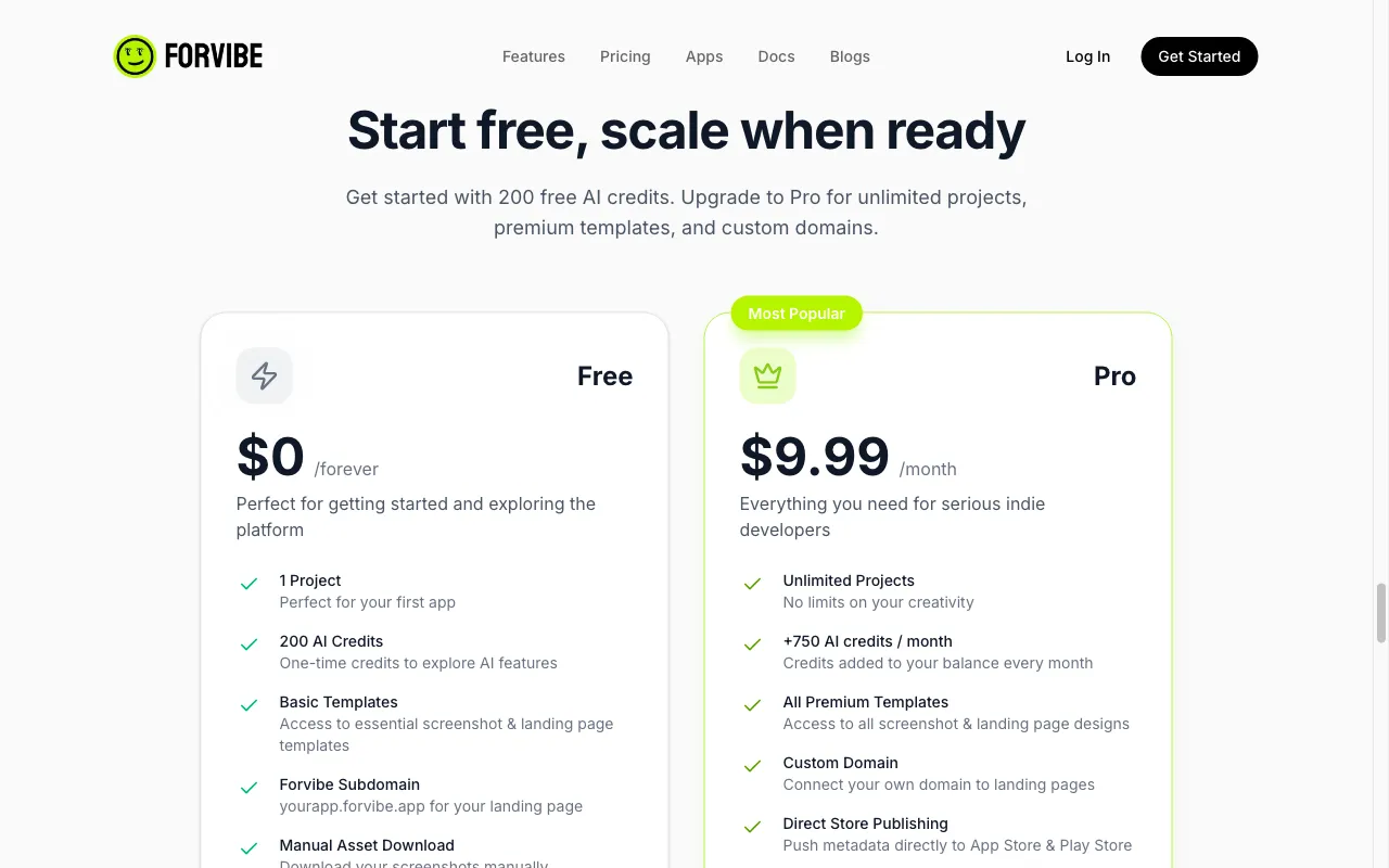 Forvibe — pricing page