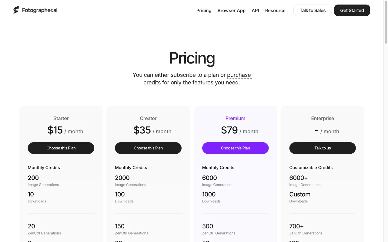 Fotographer AI — pricing page