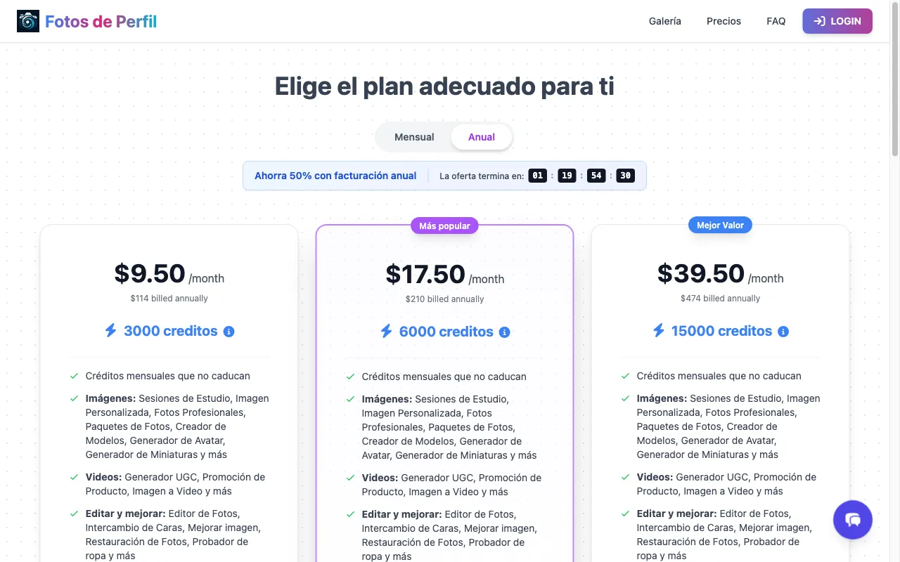 Fotos de Perfil — pricing page