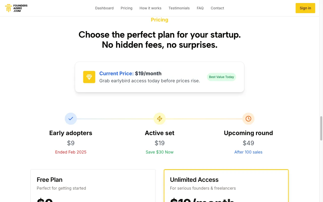 FoundersAgree — pricing page