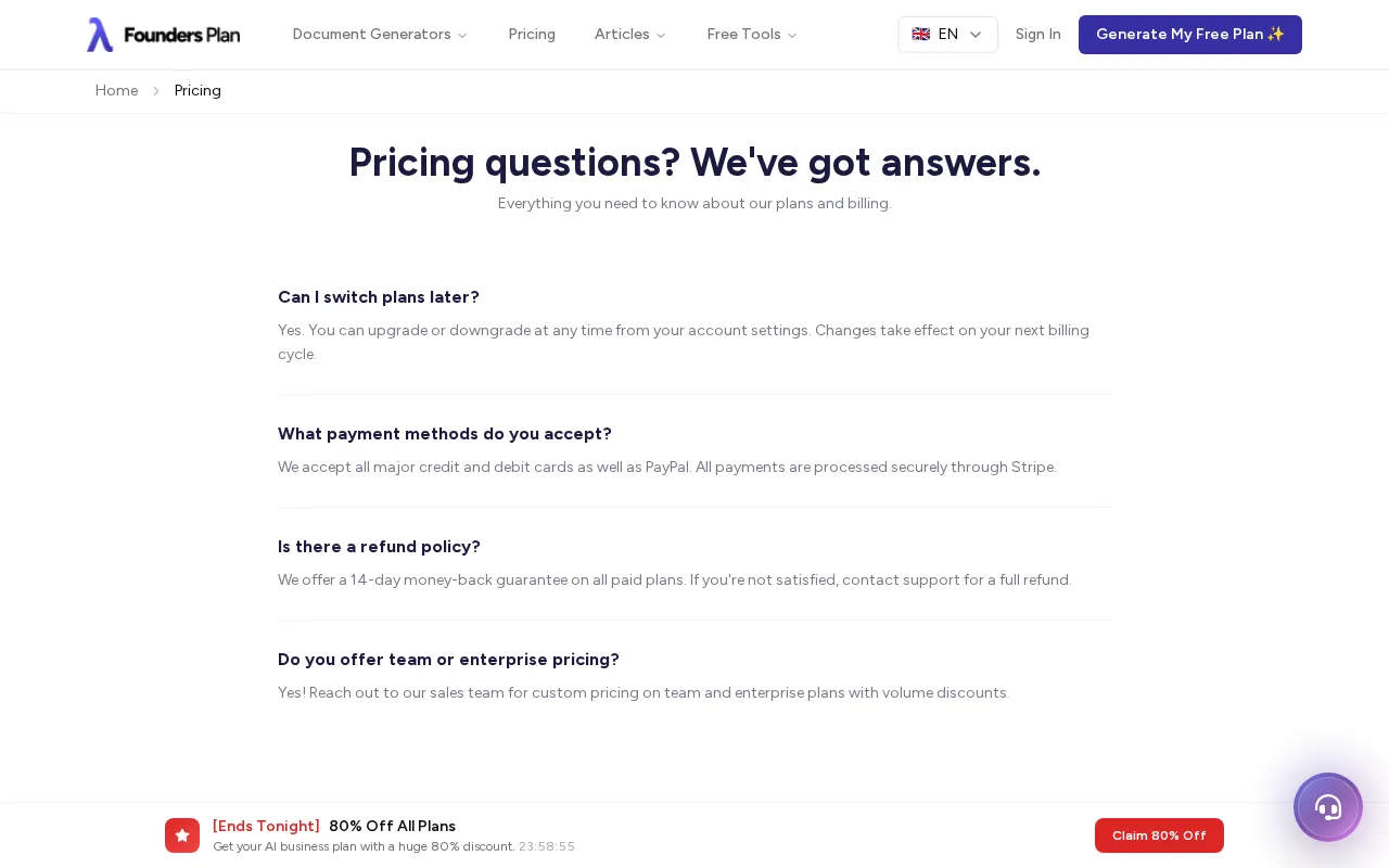 FoundersPlan.ai — pricing page