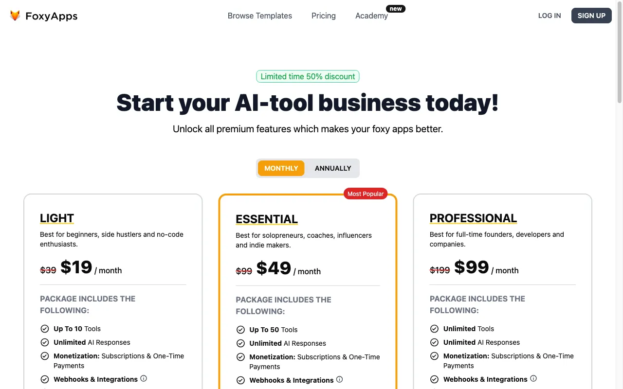 FoxyApps 2.0 — pricing page