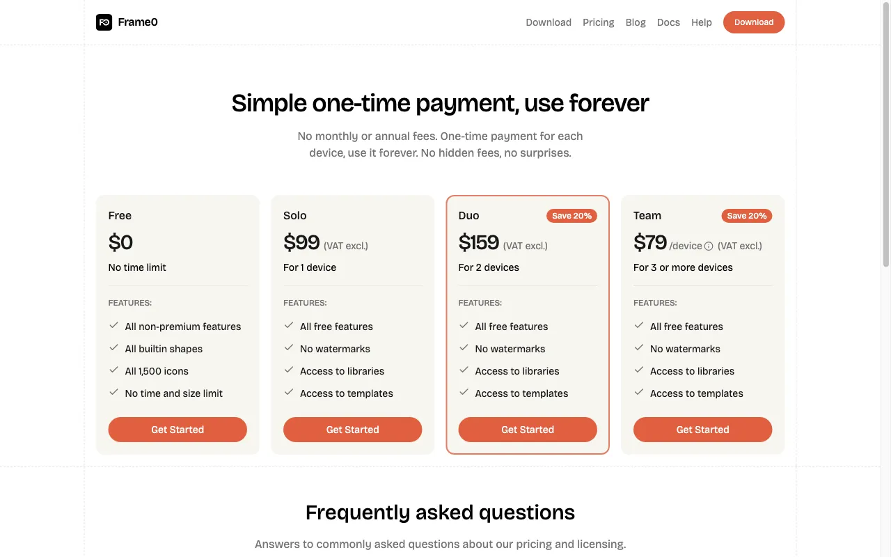 Frame0 — pricing page