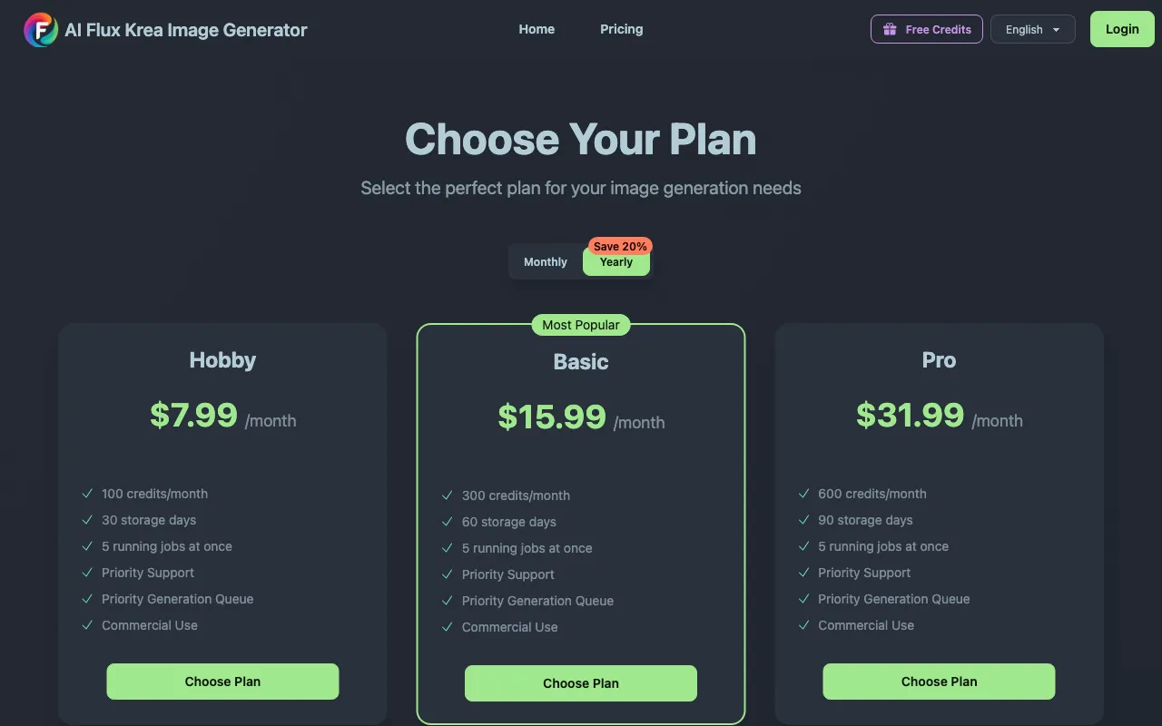 Free AI FLUX Generator — pricing page