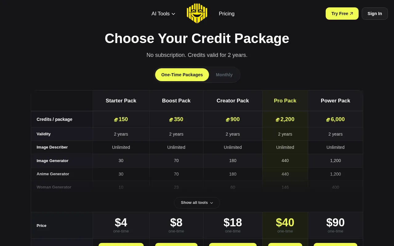 Free AI Generator — pricing page