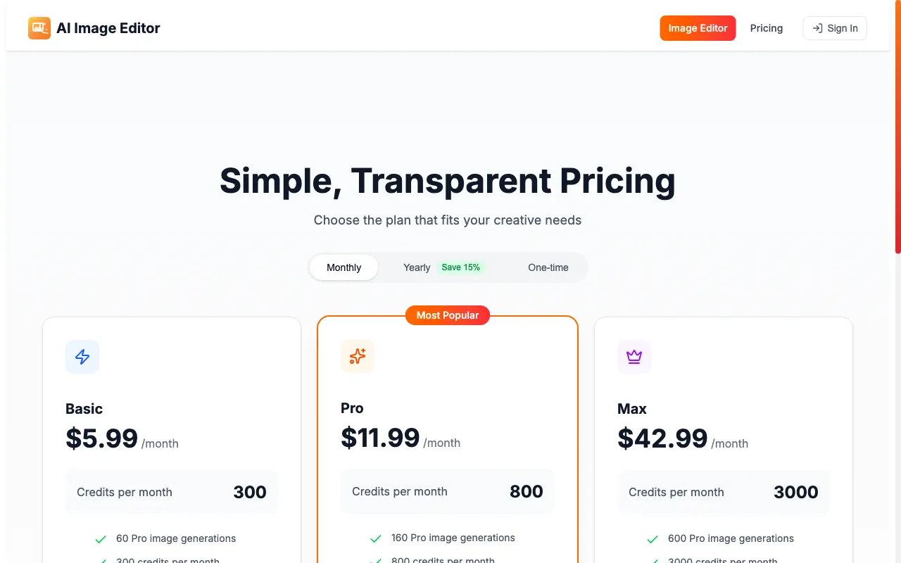 Free AI Image Editor & Generator — pricing page