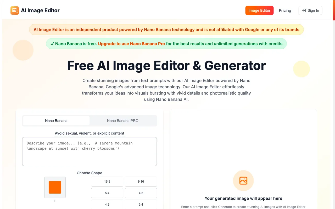 Free AI Image Editor & Generator — preview screenshot