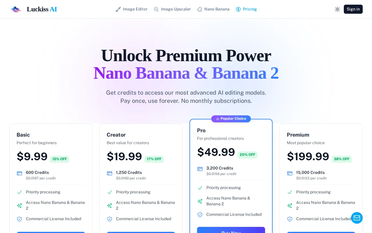 Luckiss AI — pricing page