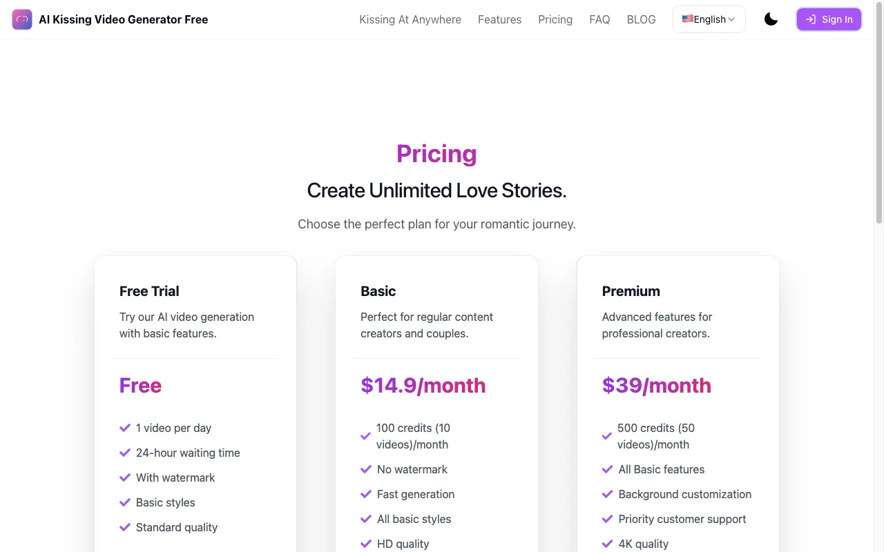 Free AI kissing video generator — pricing page