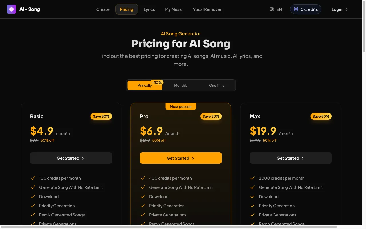 Free AI Song Generator — pricing page
