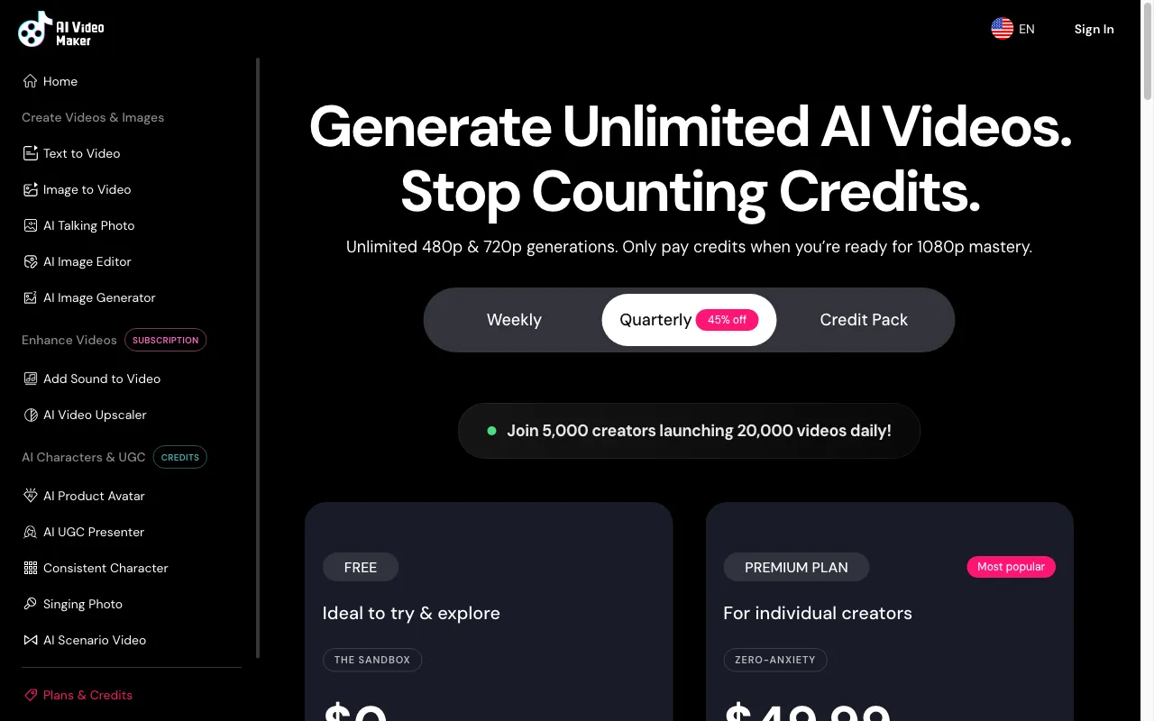 Free AI Video Maker & Generator — pricing page