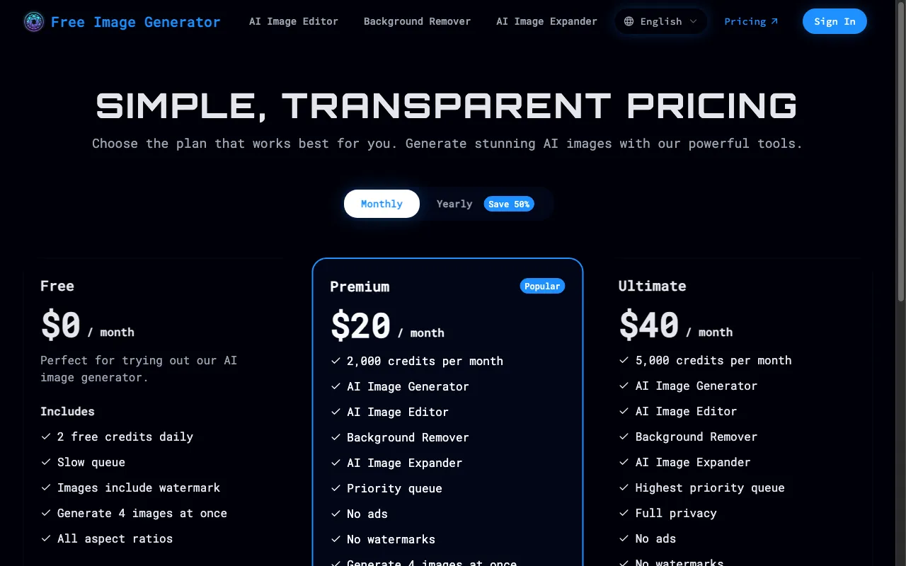 Free Image Generator — pricing page