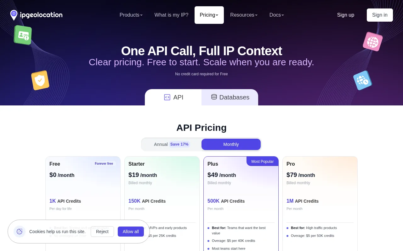 Free IP Geolocation API and Accurate IP Geolocation Database — pricing page