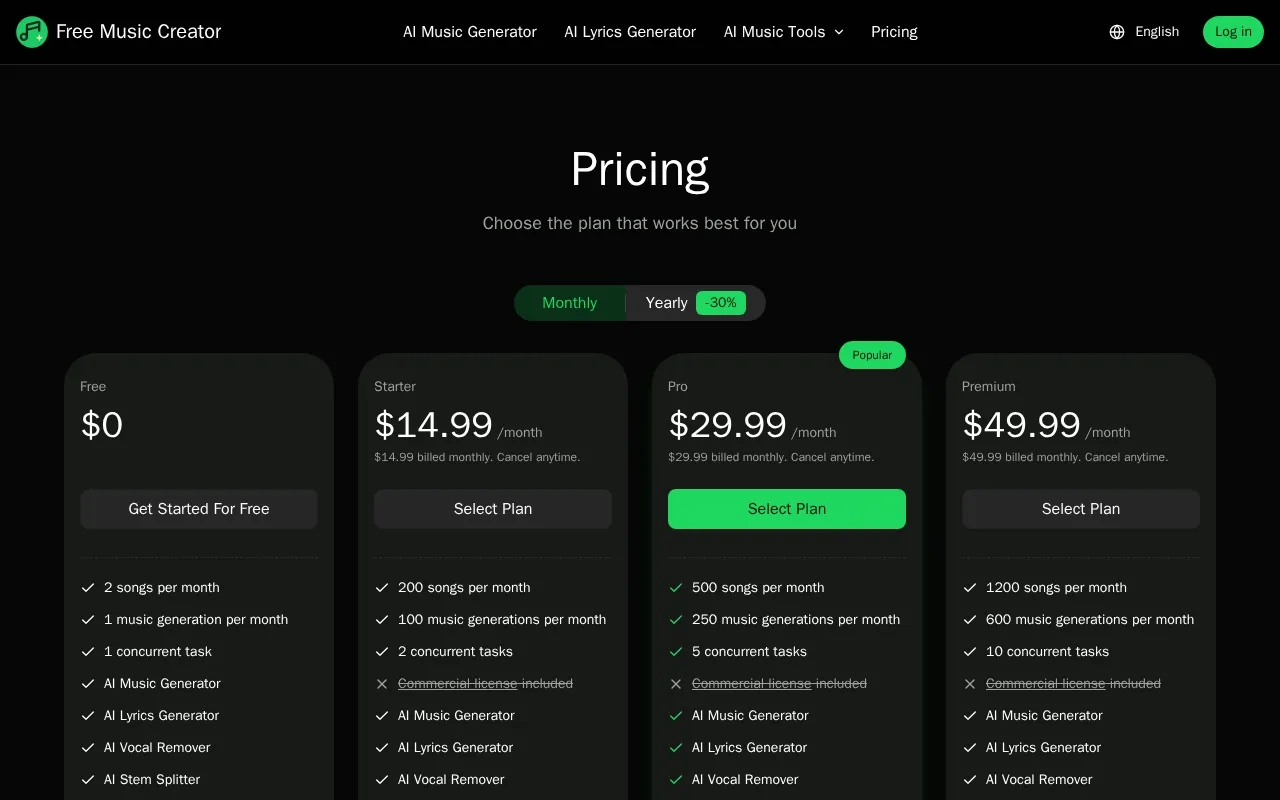 Free Music Creator AI — pricing page