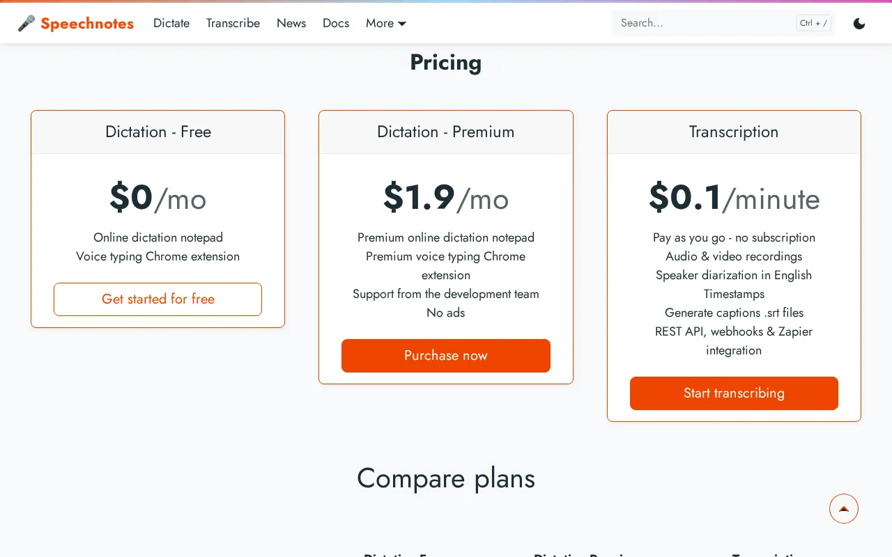Free Speech to Text Online, Voice Typing & Transcription — pricing page