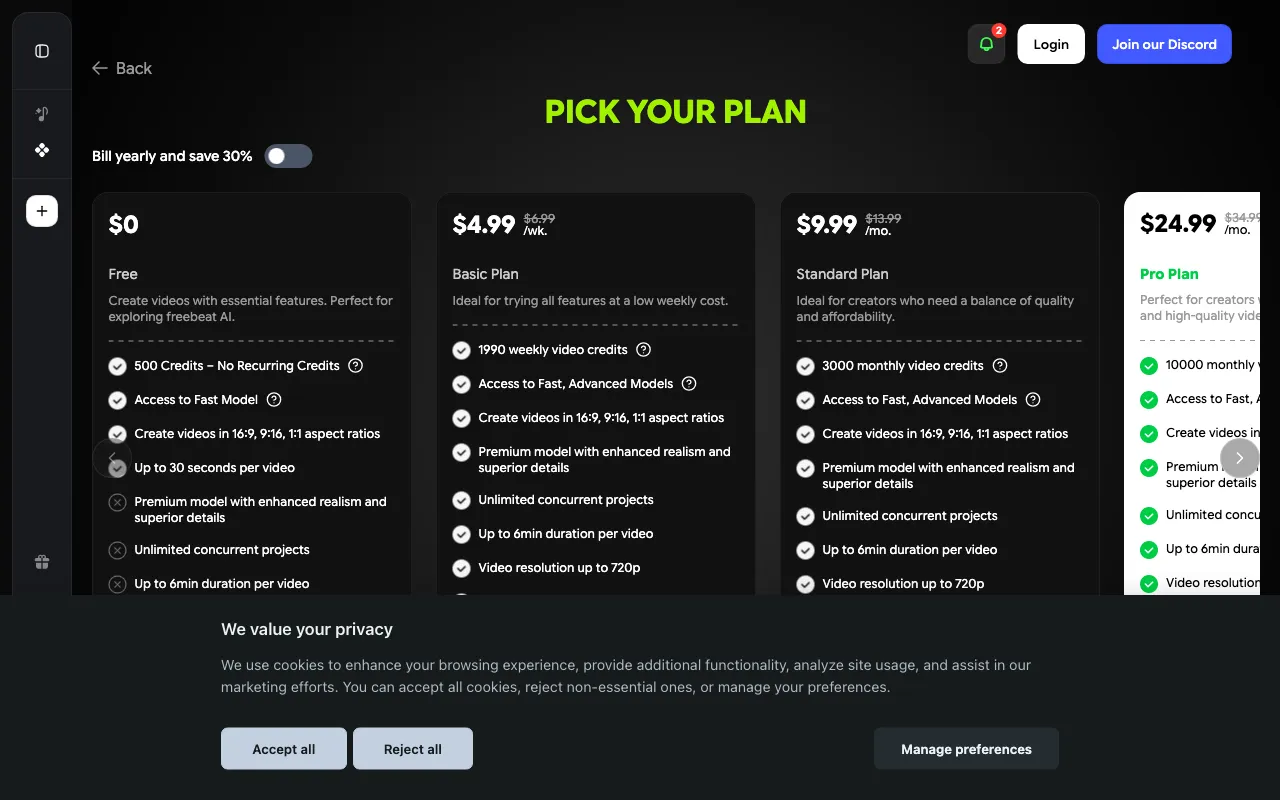 Freebeat — pricing page