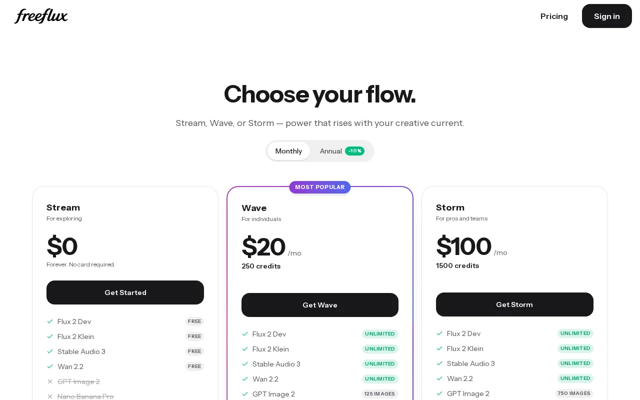 FreeFlux AI — pricing page