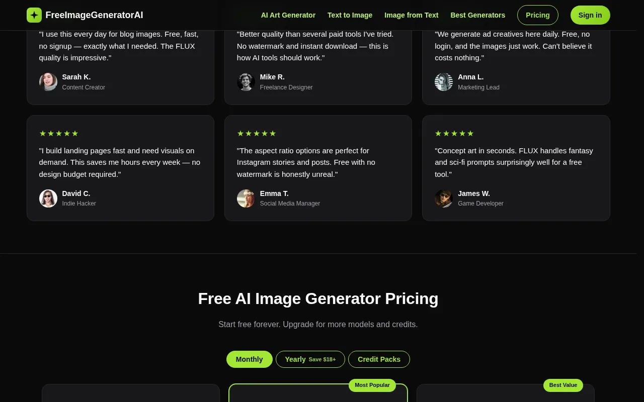 FreeImageGeneratorAI — pricing page