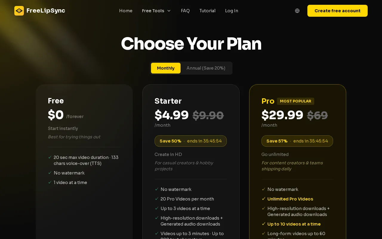 FreeLipSync — pricing page