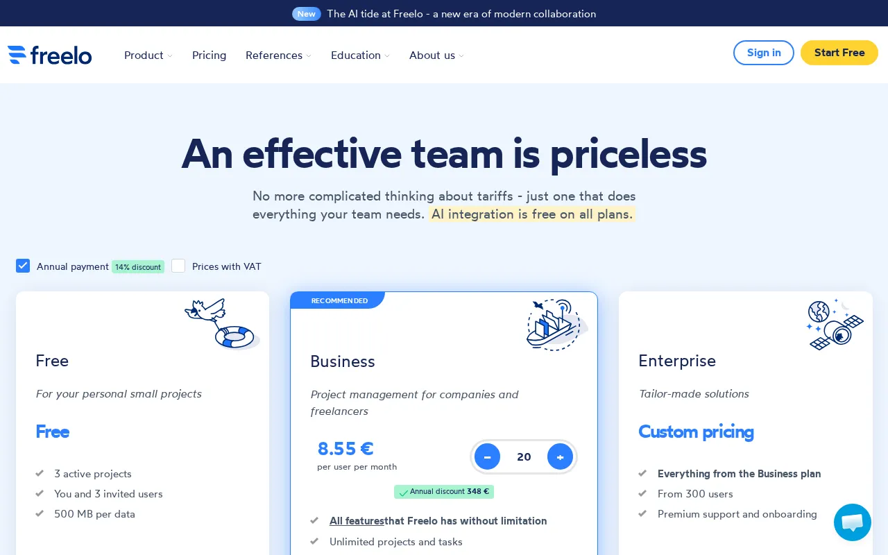 Freelo — pricing page