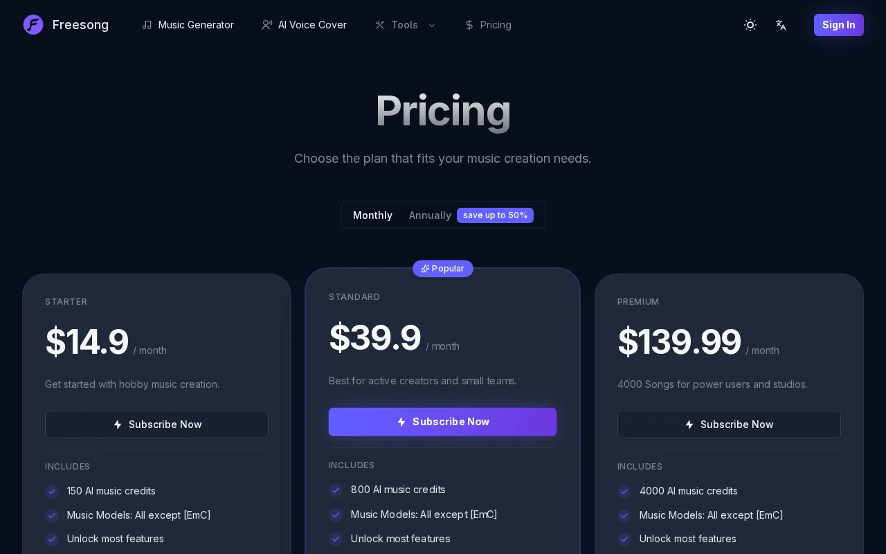 FreeSong AI — pricing page