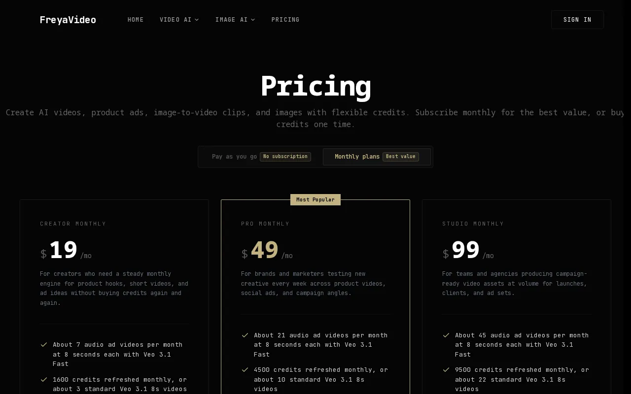FreyaVideo — pricing page