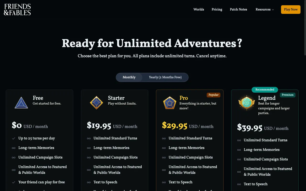 Friends &amp; Fables — pricing page