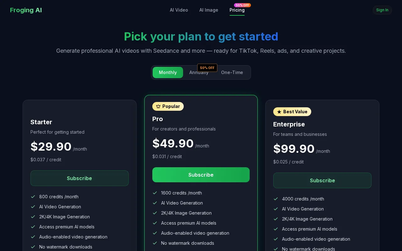 Froging AI — pricing page