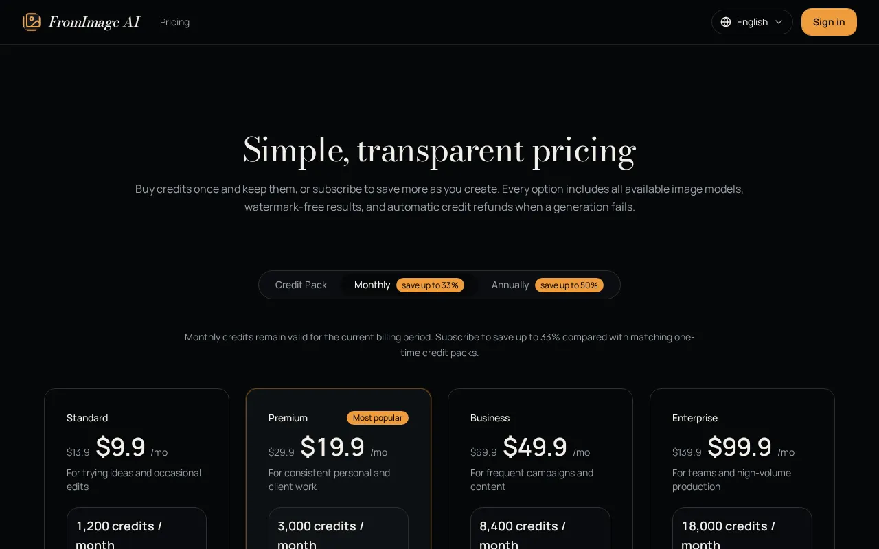 FromImage AI — pricing page