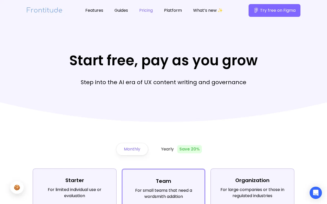 Frontitude's UX Writing Assistant — pricing page