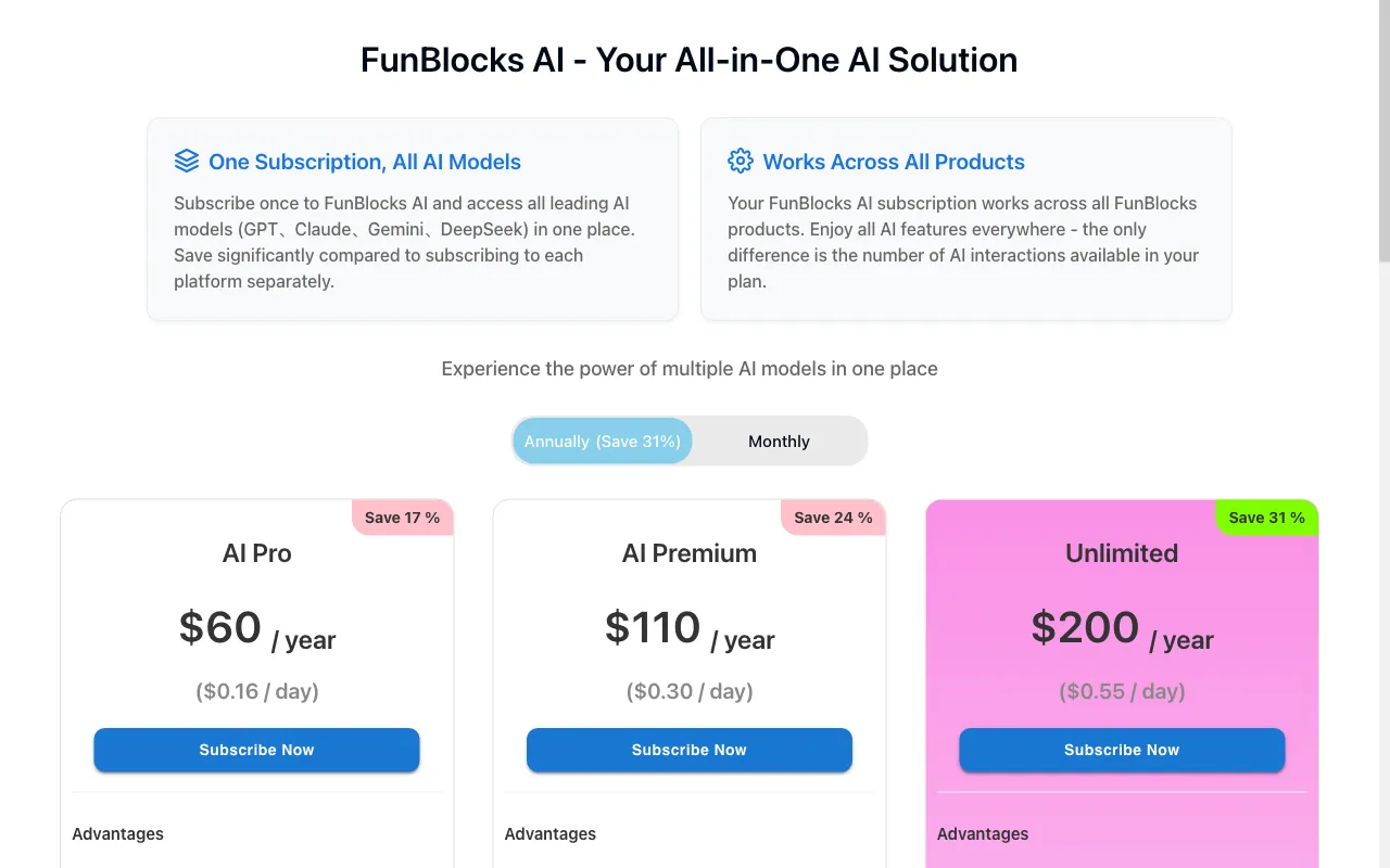 FunBlocks AI — pricing page