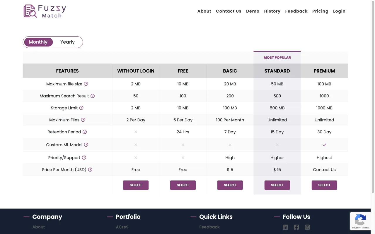 fuzzymatch.in — pricing page