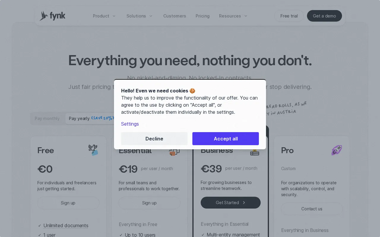 Fynk — pricing page