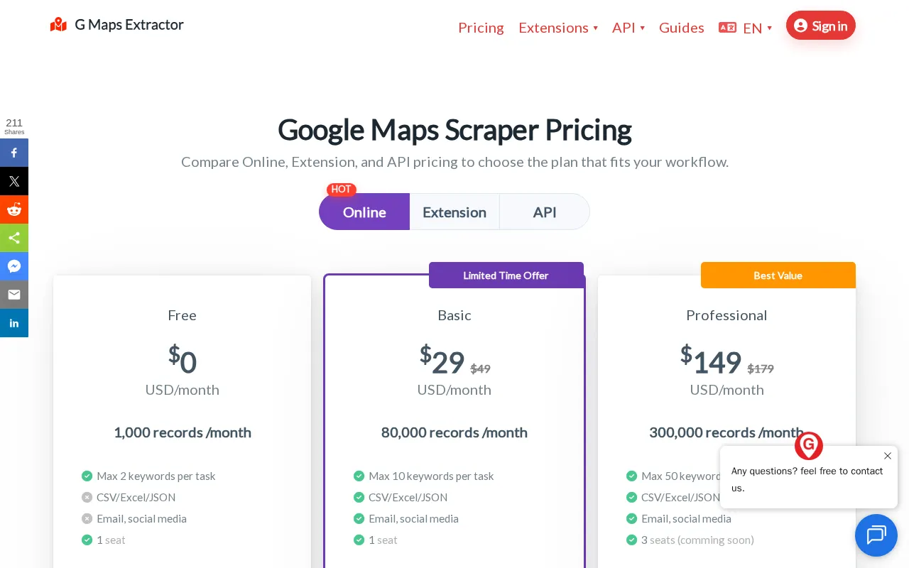 G Maps Extractor — pricing page
