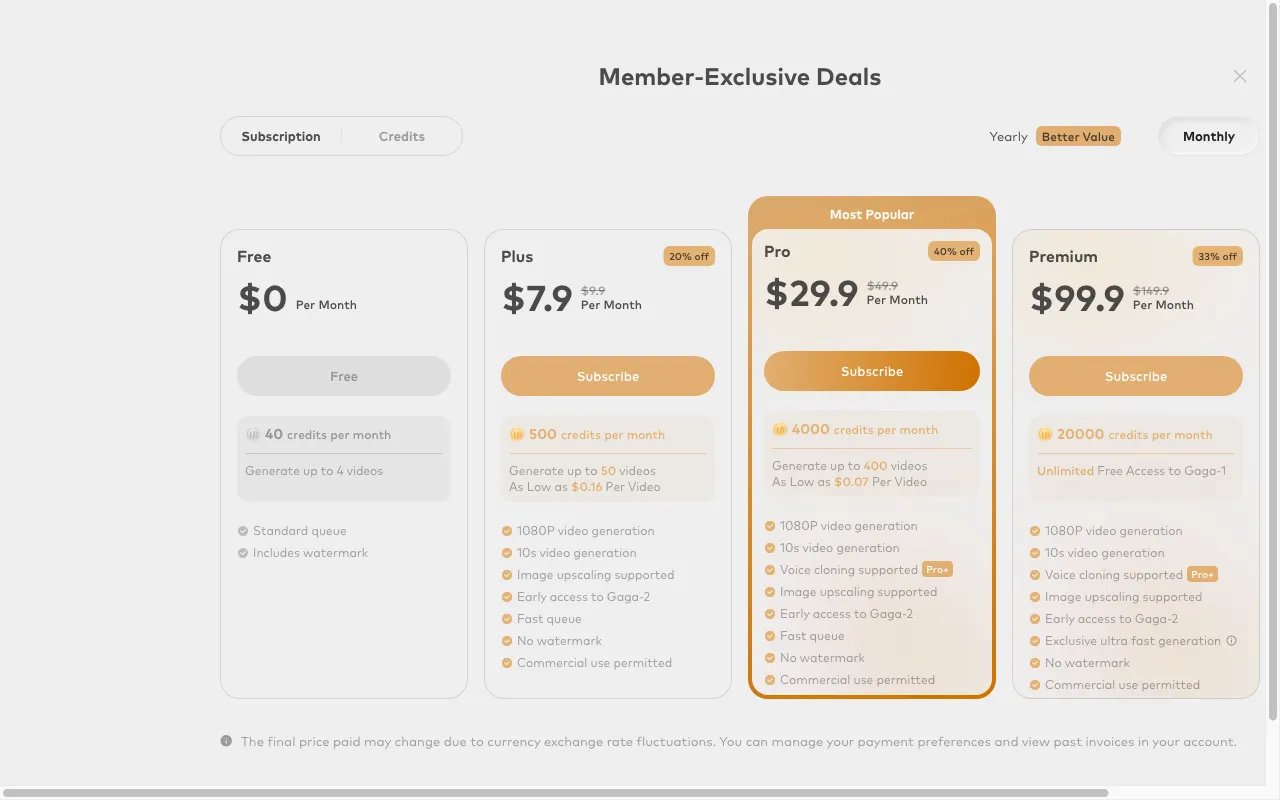 Gaga — pricing page