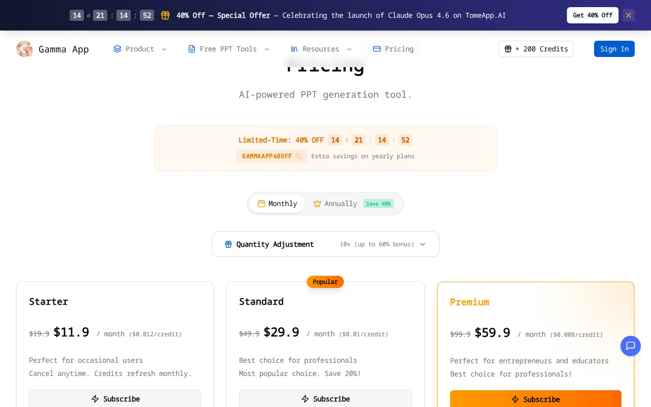 Gamma App — pricing page