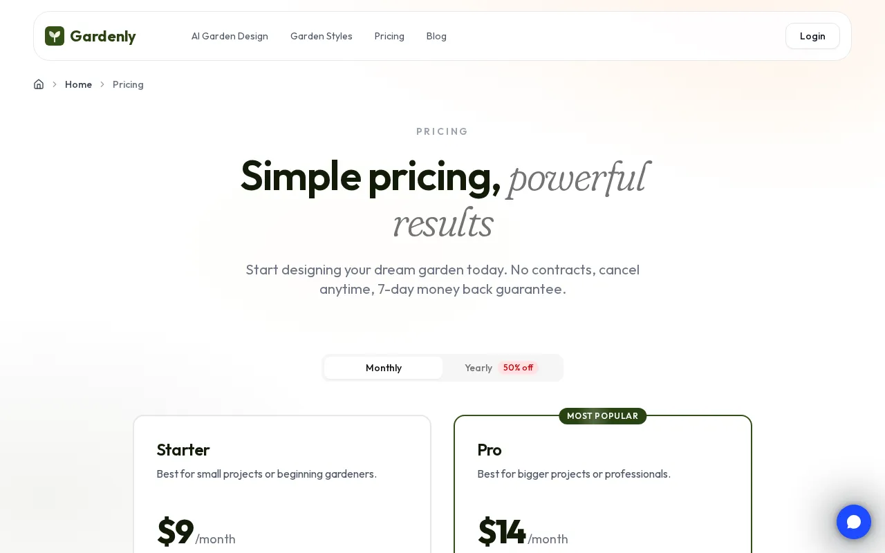 Gardenly — pricing page