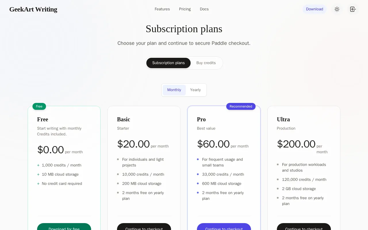 GeekArt Writing — pricing page