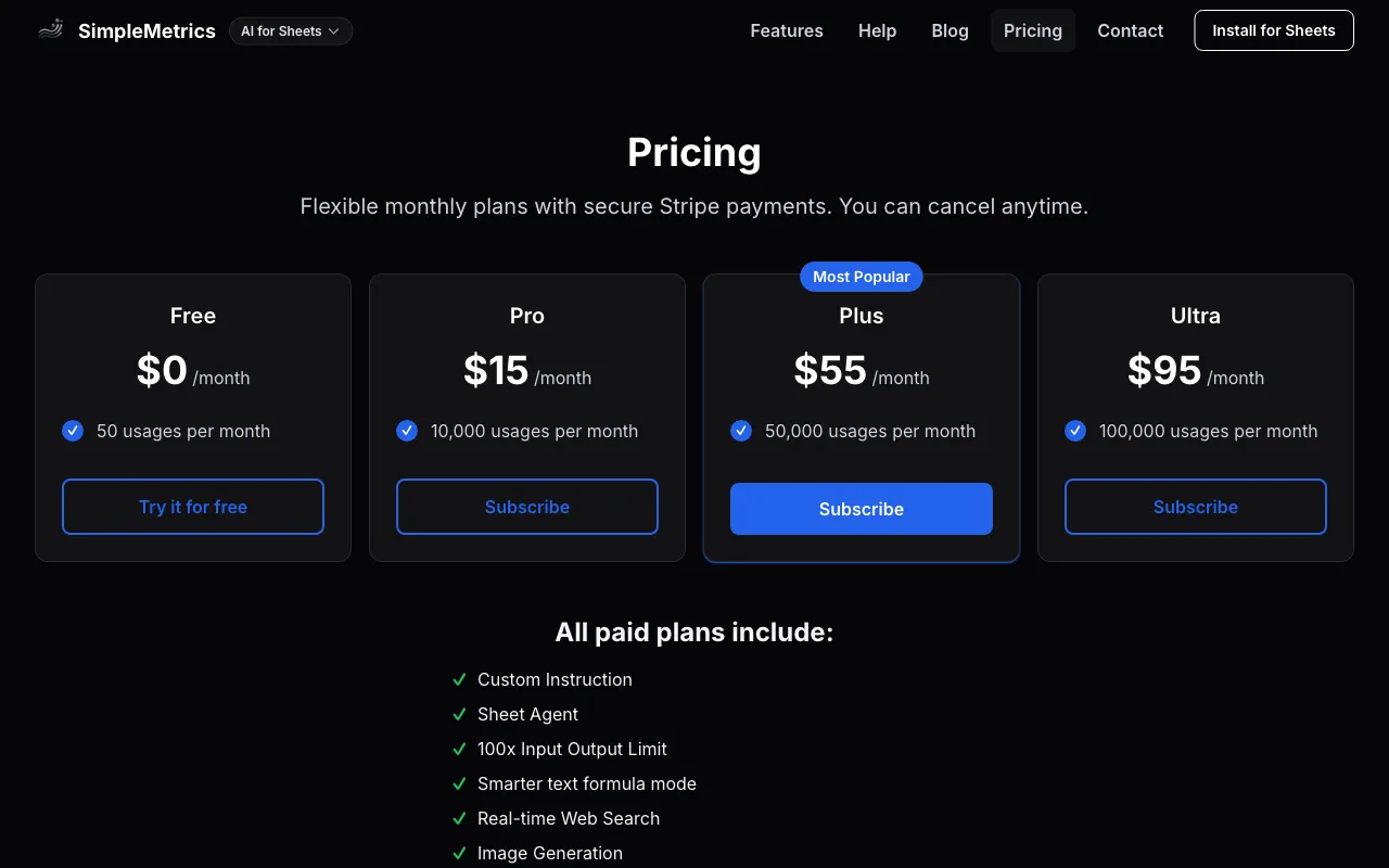 SimpleMetrics — pricing page
