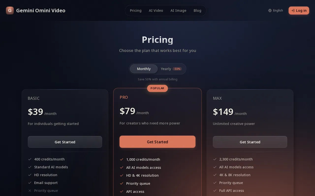 Gemini Omini Video — pricing page
