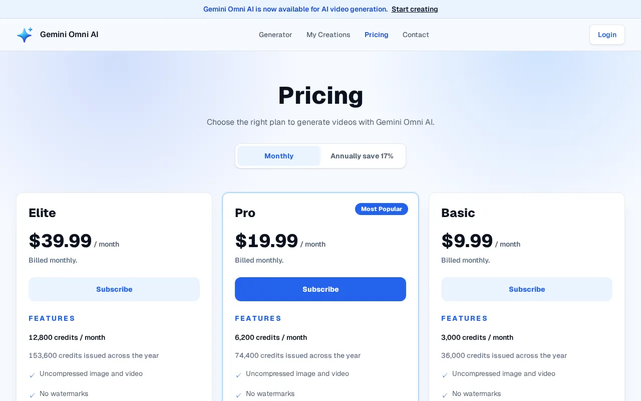 Gemini Omni AI — pricing page