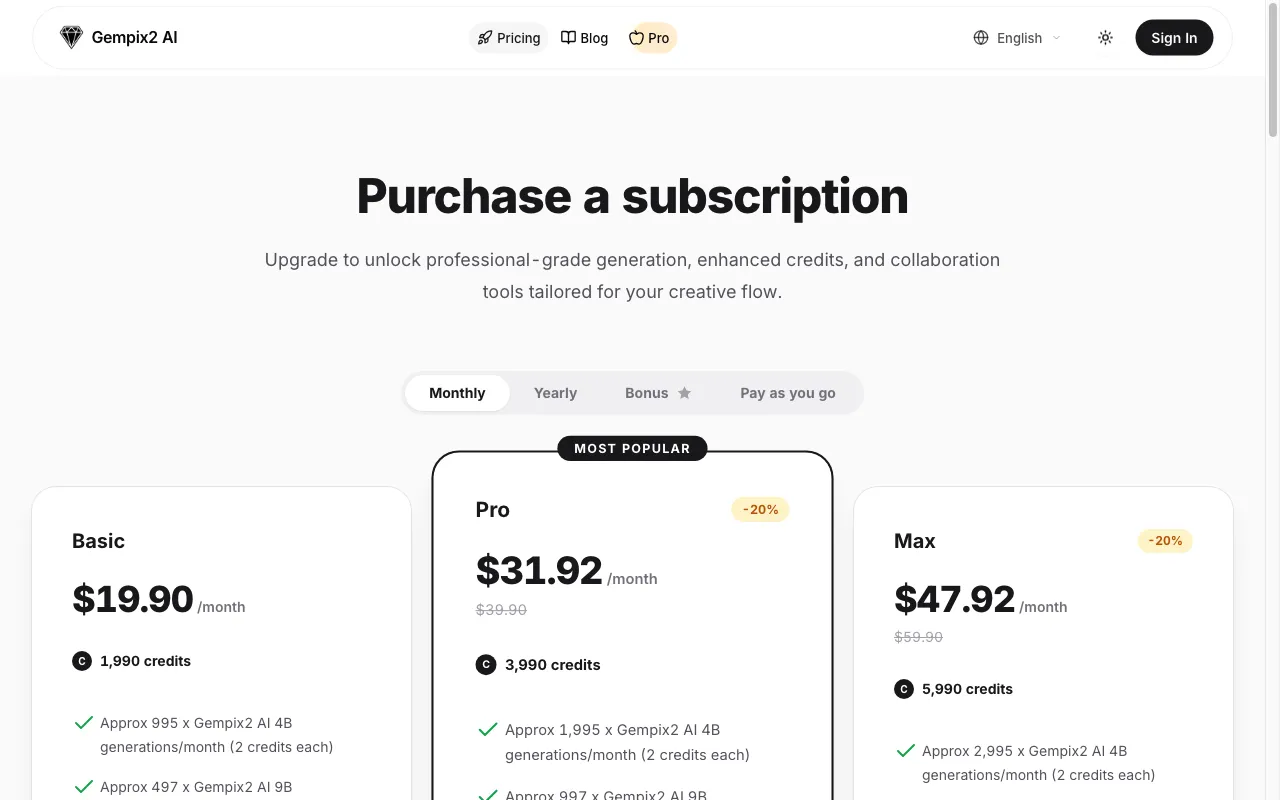 Gempix2 AI — pricing page