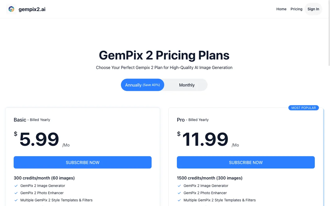 GemPix2.ai :Free Google Gempix 2 For AI Image Generation & — pricing page