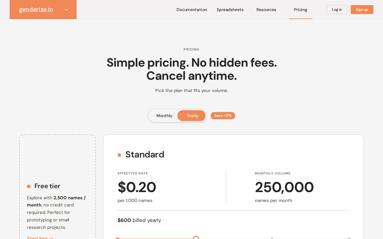 Genderize — pricing page