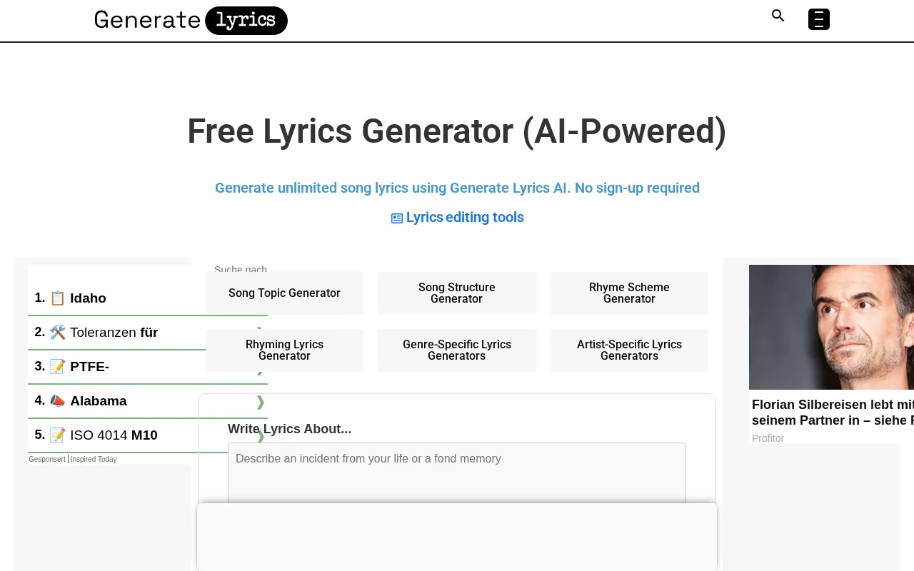 Generate Lyrics — preview screenshot
