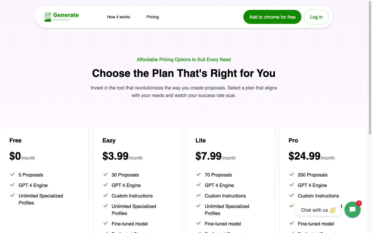 Generate Proposal — pricing page