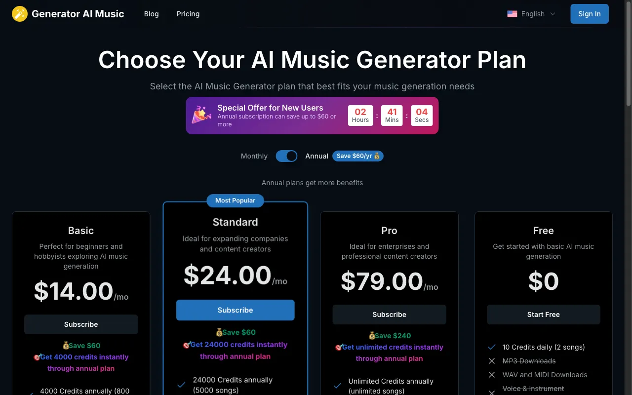 Generator AI Music — pricing page